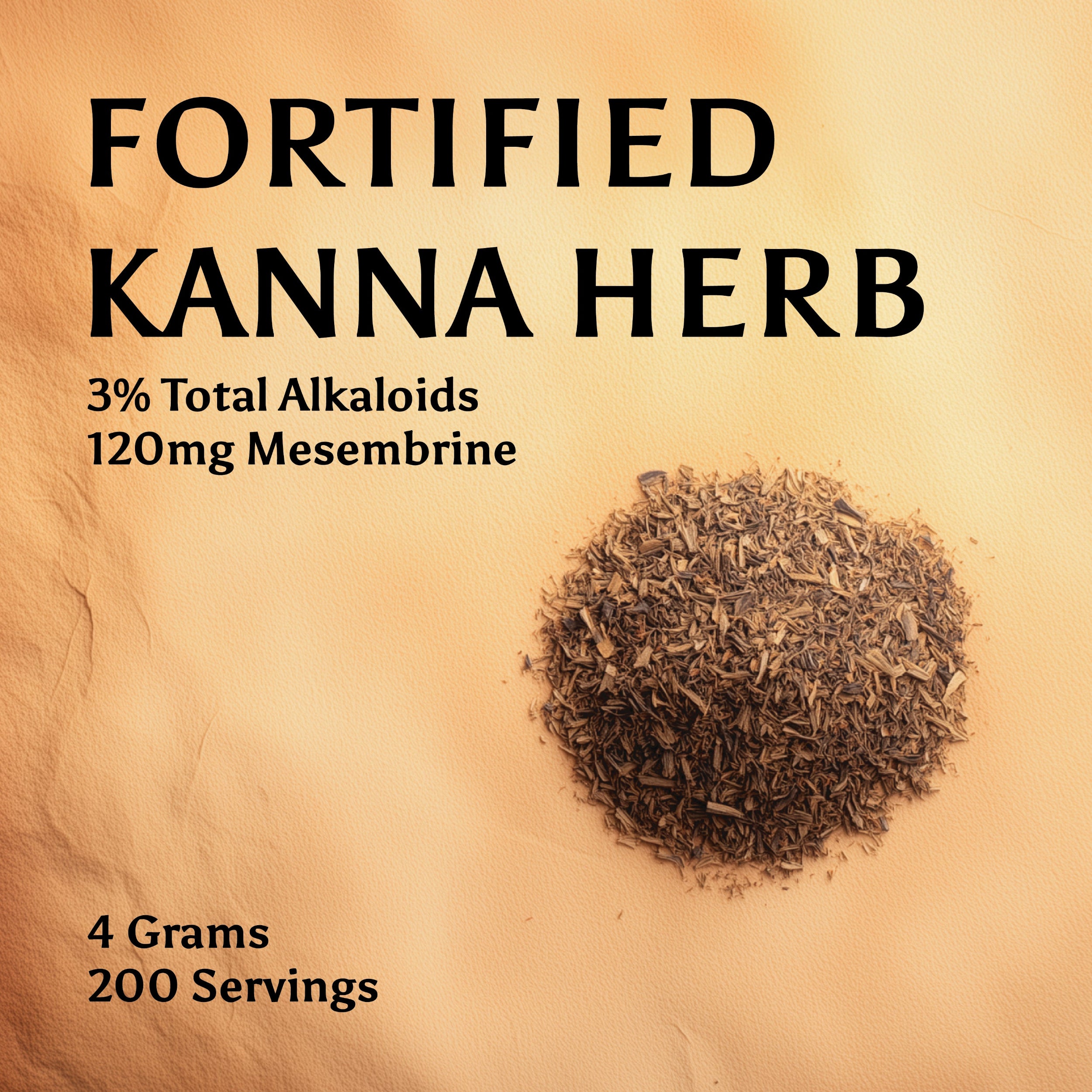 A small pile of kanna (sceletium tortuosum) on a textured surface. The kanna herb contains 3% total alkaloids, 120mg of mesembrine, weighs 4 grams total, and contains 200 servings.