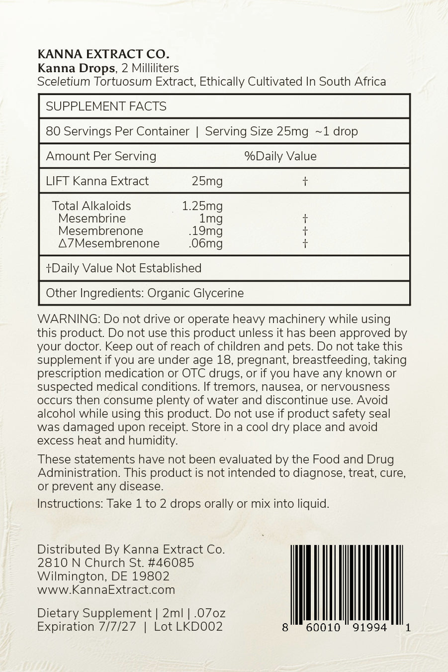 Back of Unflavored Kanna Drops label by Kanna Extract Co., featuring supplement facts, ingredients, and recommended usage. Contains 2ml of pure Sceletium tortuosum (kanna) extract in a 5ml dropper bottle. Bulk and wholesale purchase options available.