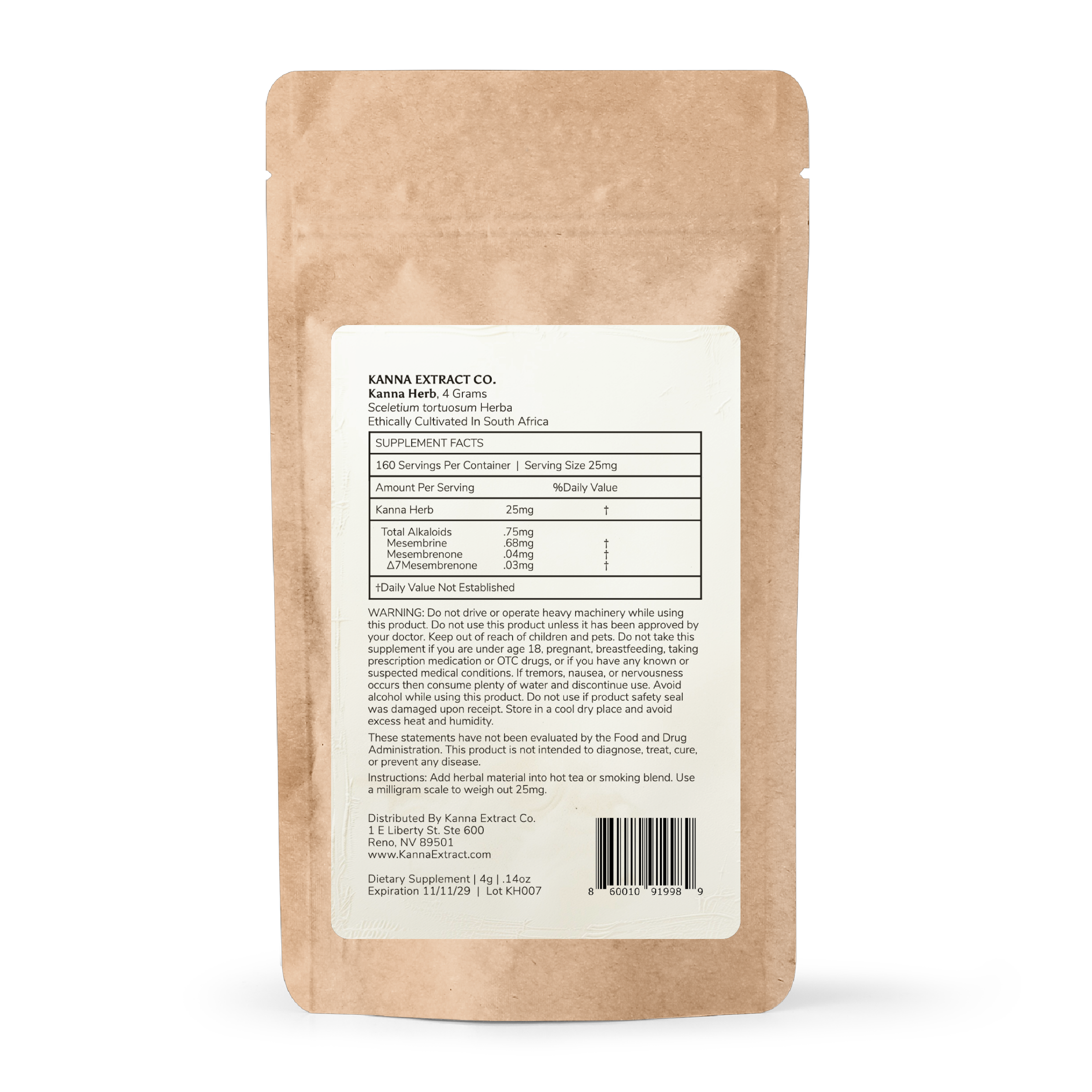 Back view of Kanna Herb packaging: Detailed label with ingredients, 3% mesembrine content, usage instructions for mood support, and ethical sourcing info—high-quality Sceletium tortuosum for natural relaxation and well-being.