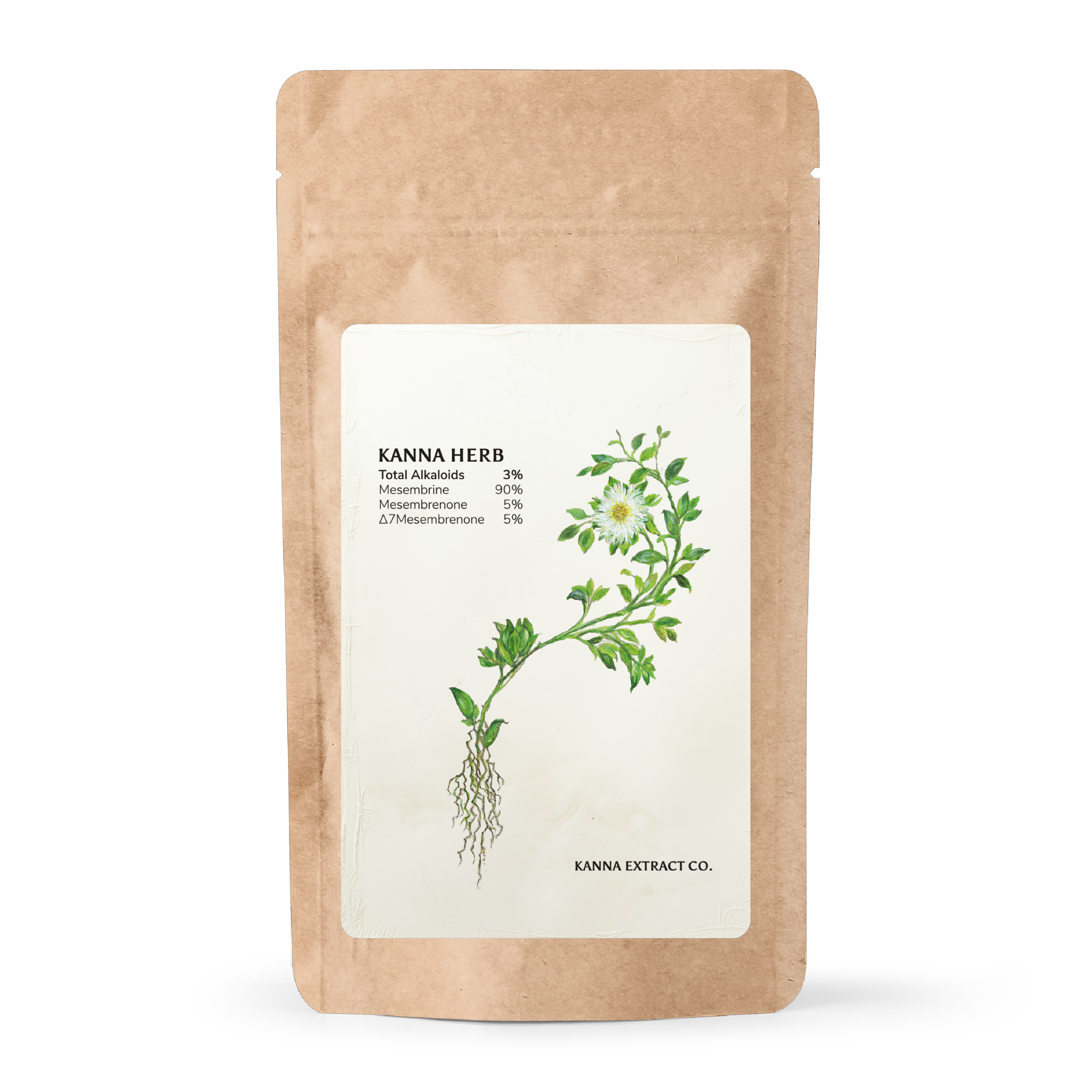 Front view of Kanna Herb packaging: 4g premium Sceletium tortuosum with 3% mesembrine for natural mood boost and relaxation—ethically sourced South African kanna supplement for teas and blends.