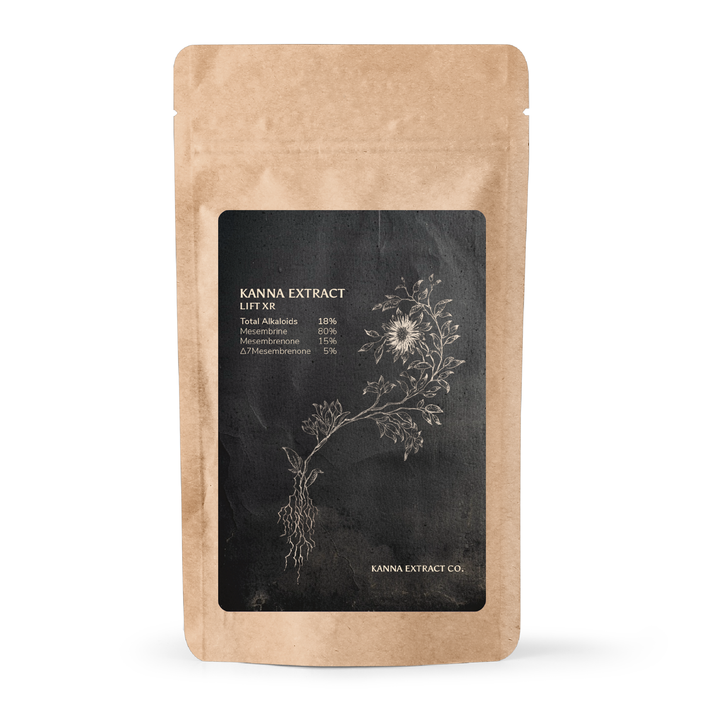 Front view of LIFT XR Kanna Extract by Kanna Extract Co. – A premium extract featuring a standardized alkaloid profile of 80% Mesembrine, 15% Mesembrenone, and 5% Δ7Mesembrenone. Designed to enhance mood and energy levels. Available for bulk and wholesale purchasing.