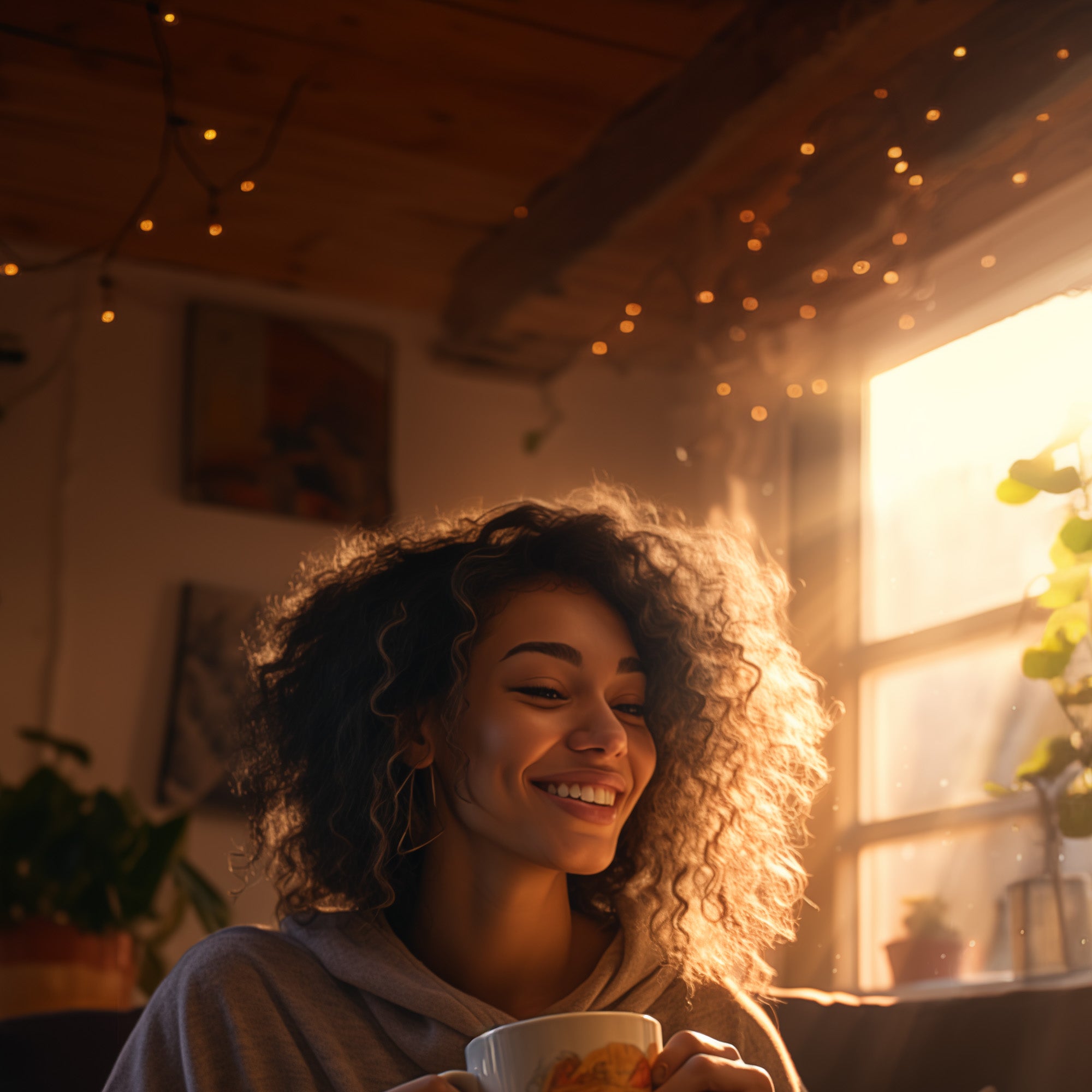 A woman enjoying a cup of tea after adding a dose of kanna extract co lift sceletium tortuosum extract powder to improve her mood after feeling down and sad