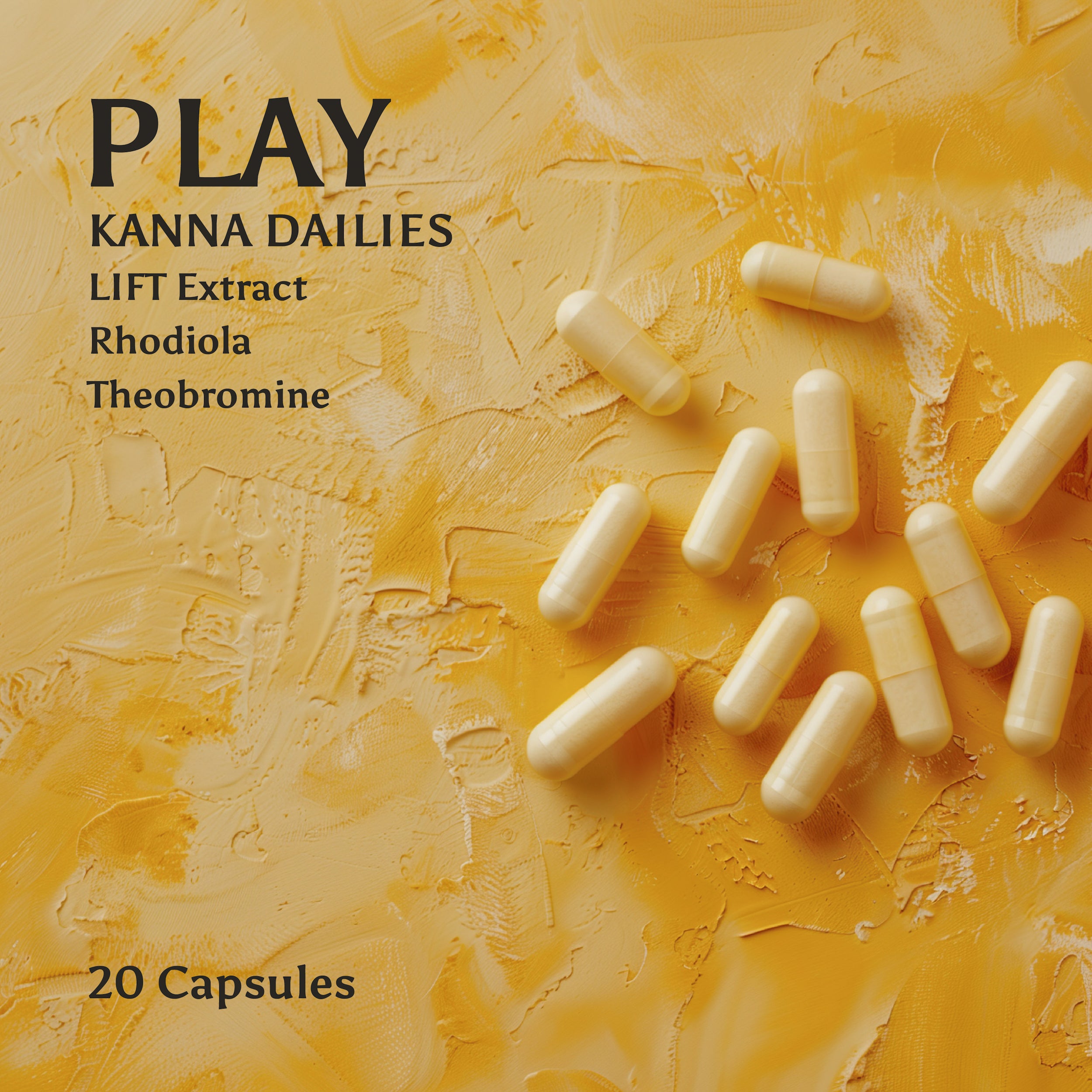 An image of Kanna Extract Company’s cream colored PLAY Kanna Daily capsules on a yellow stone background. Text reads 20 Capsules made from organic Sceletium tortuosum. Ingredients include LIFT Kanna Extract, Rhodiola and Theobromine. Play Kanna Dailies are available for purchase in bulk, retail and wholesale.