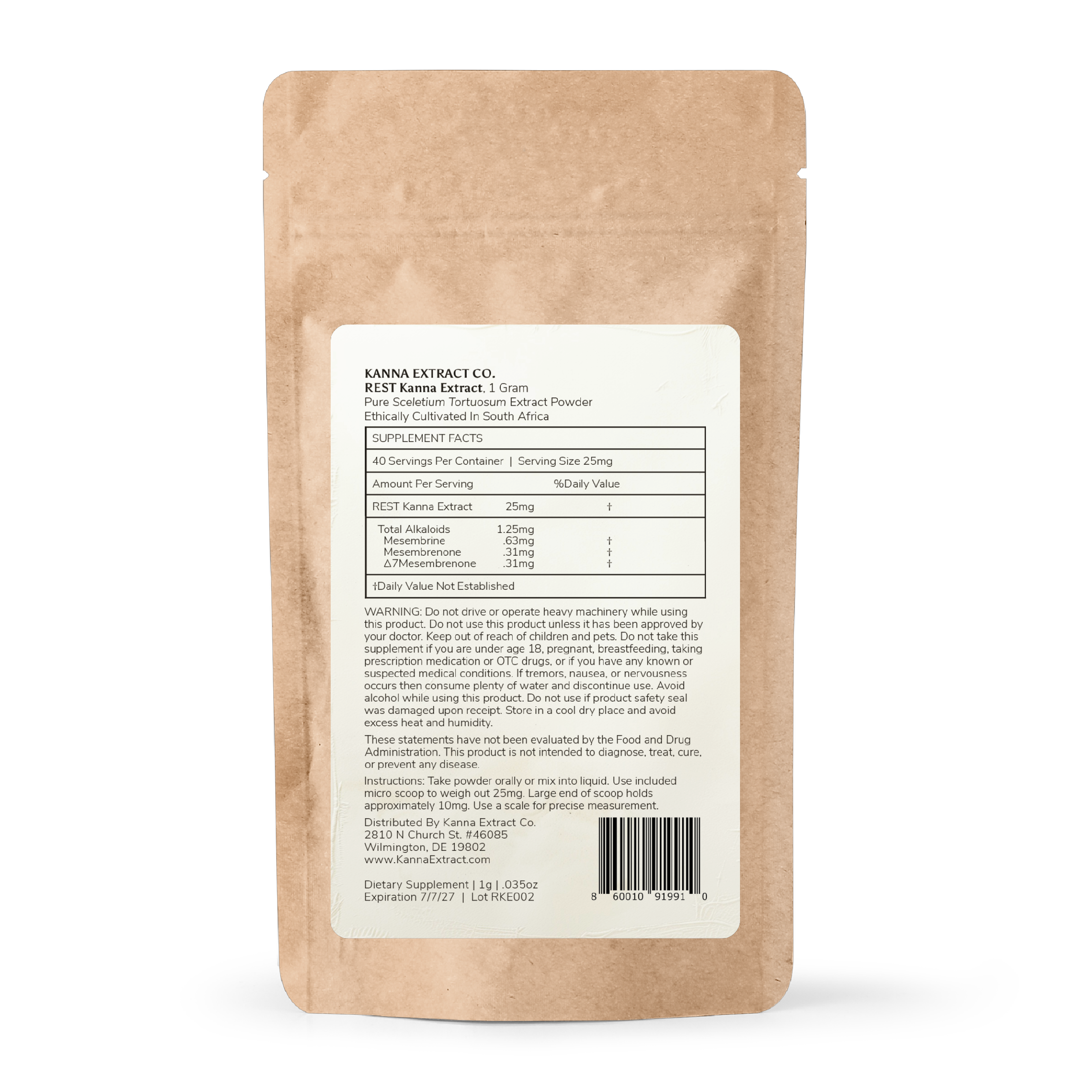 Back view of REST Kanna Extract pouch by Kanna Extract Co., displaying serving size and dosage details. Each serving contains 25mg of Sceletium tortuosum extract, providing approximately 0.63mg Mesembrine, 0.31mg Mesembrenone, and 0.31mg Δ7Mesembrenone. Includes suggested use and safety information. Bulk and wholesale options available.