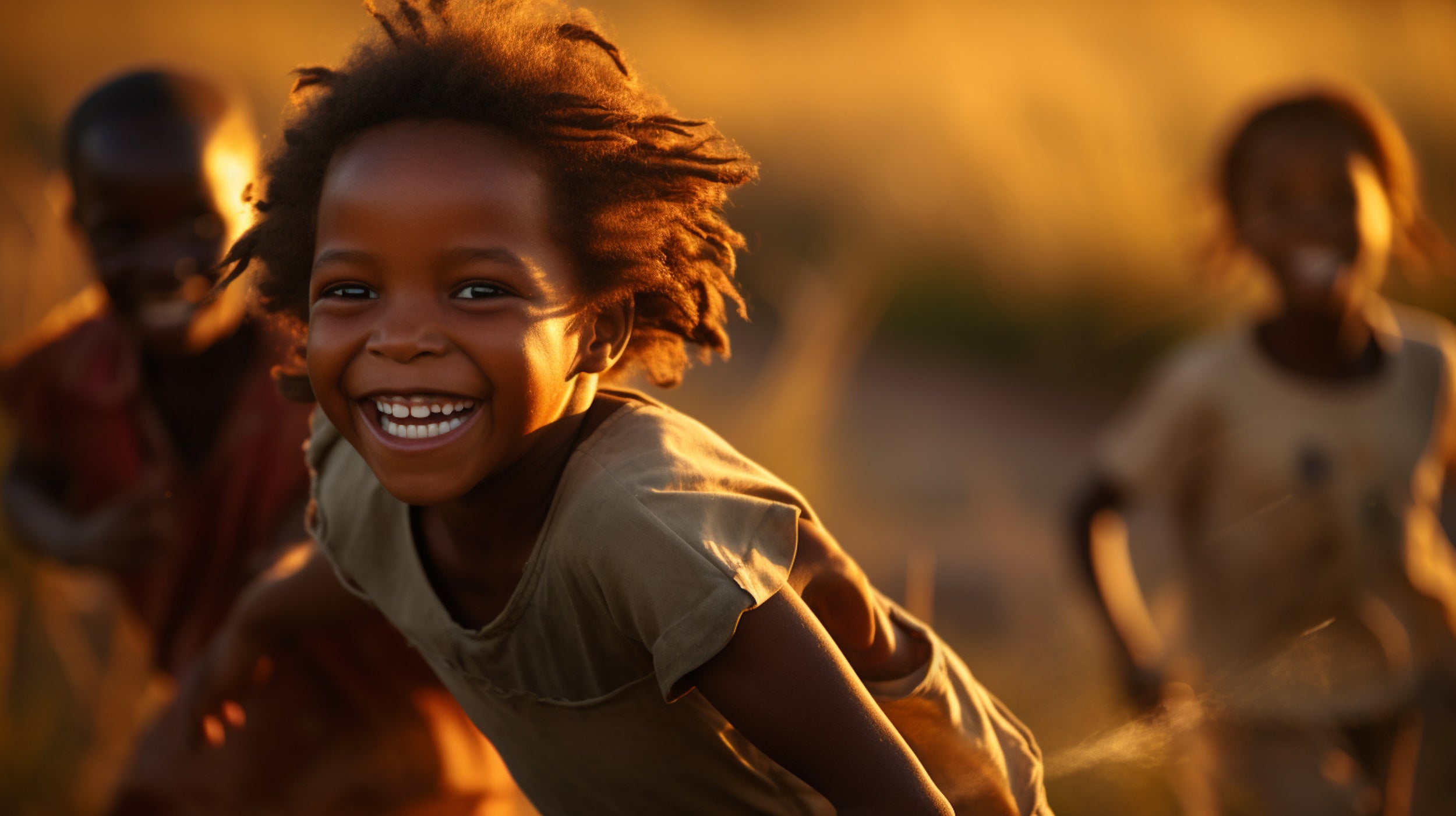 South African Khoisan children running playing soccer at a school supported by Kanna Extract Co benefits sharing program