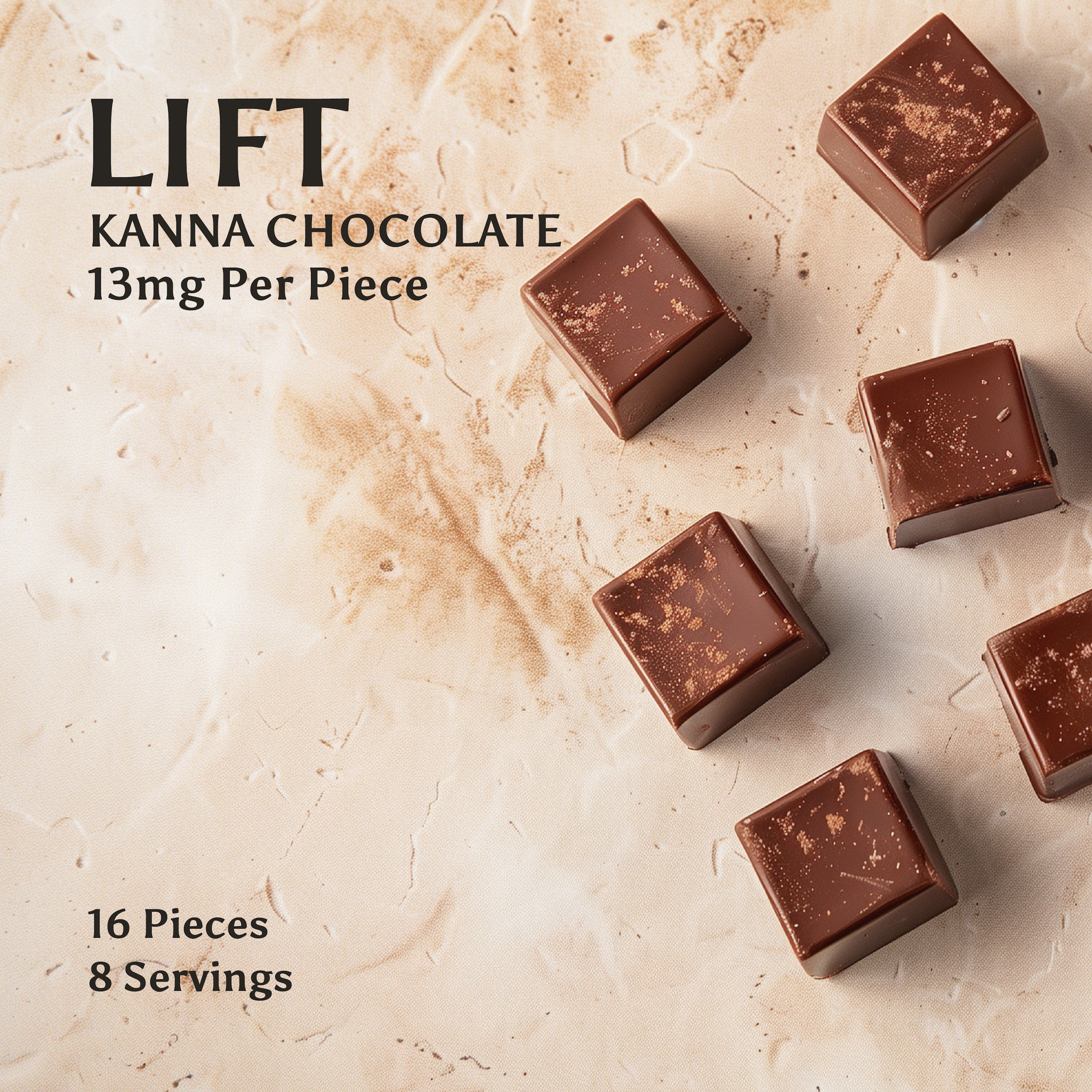 An image of 5 pieces of organic chocolate infused with organic kanna extract on a light background made by Kanna Extract Company for sale with wholesale and bulk sceletium tortuosum