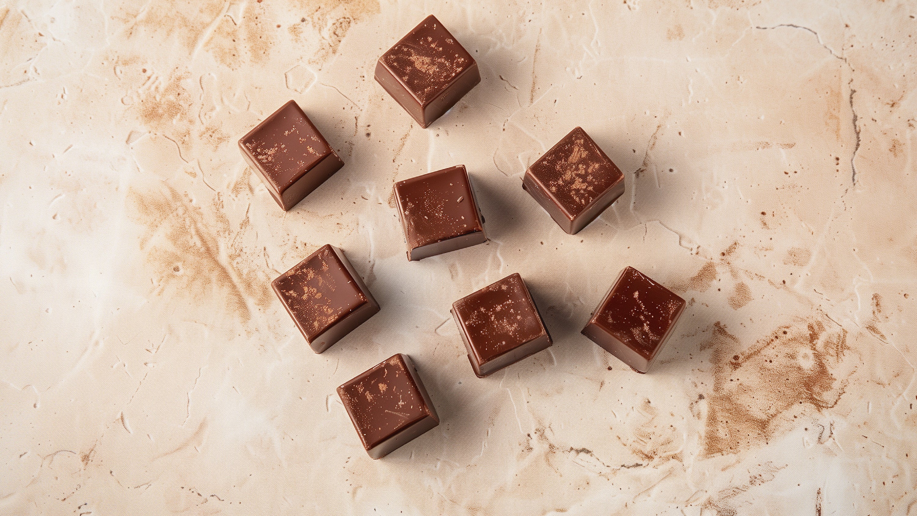 An image of 8 pieces of organic kanna chocolate on a light earth tone texture surface. The kanna chocolate is made by kanna extract company with LIFT kanna extract for sale available in wholesale, bulk, white label, and retail pricing.