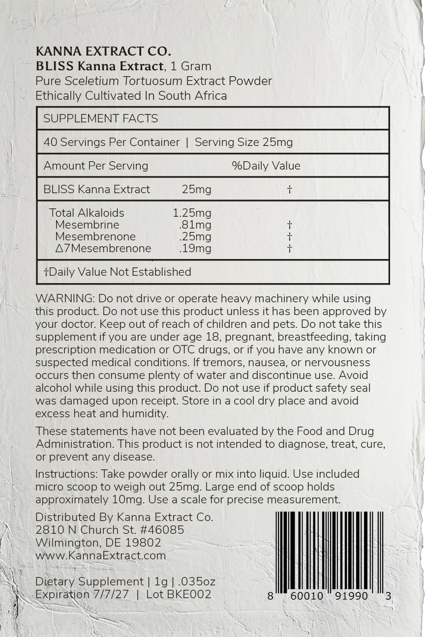 BLISS Kanna Extract back label: supplement facts, directions, and warnings, 1 gram net weight