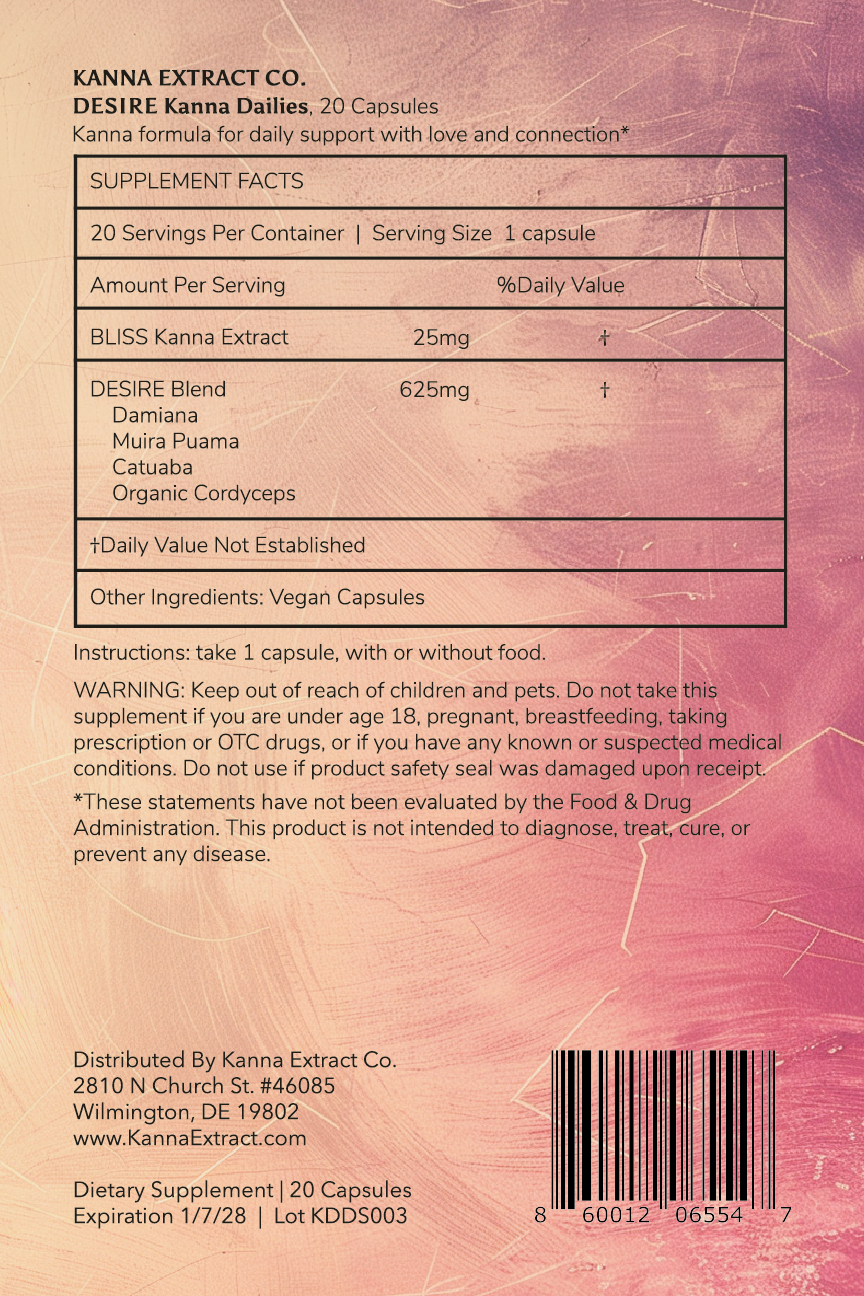 DESIRE Kanna Dailies supplement facts: 25mg BLISS kanna extract and a 625mg blend
