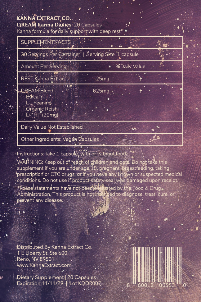 DREAM Kanna Dailies supplement facts: 25mg REST kanna extract and a 625mg blend