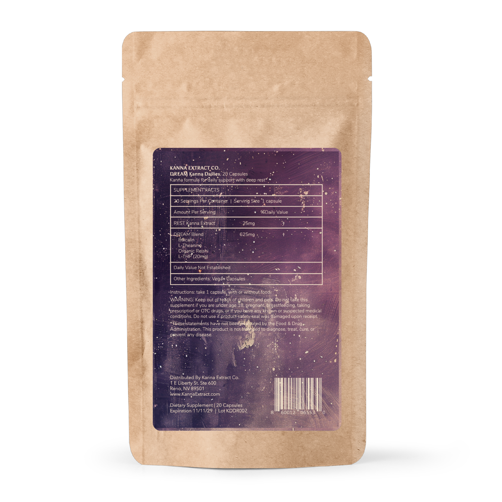 DREAM Kanna Dailies kraft pouch, back, showing the supplement facts panel