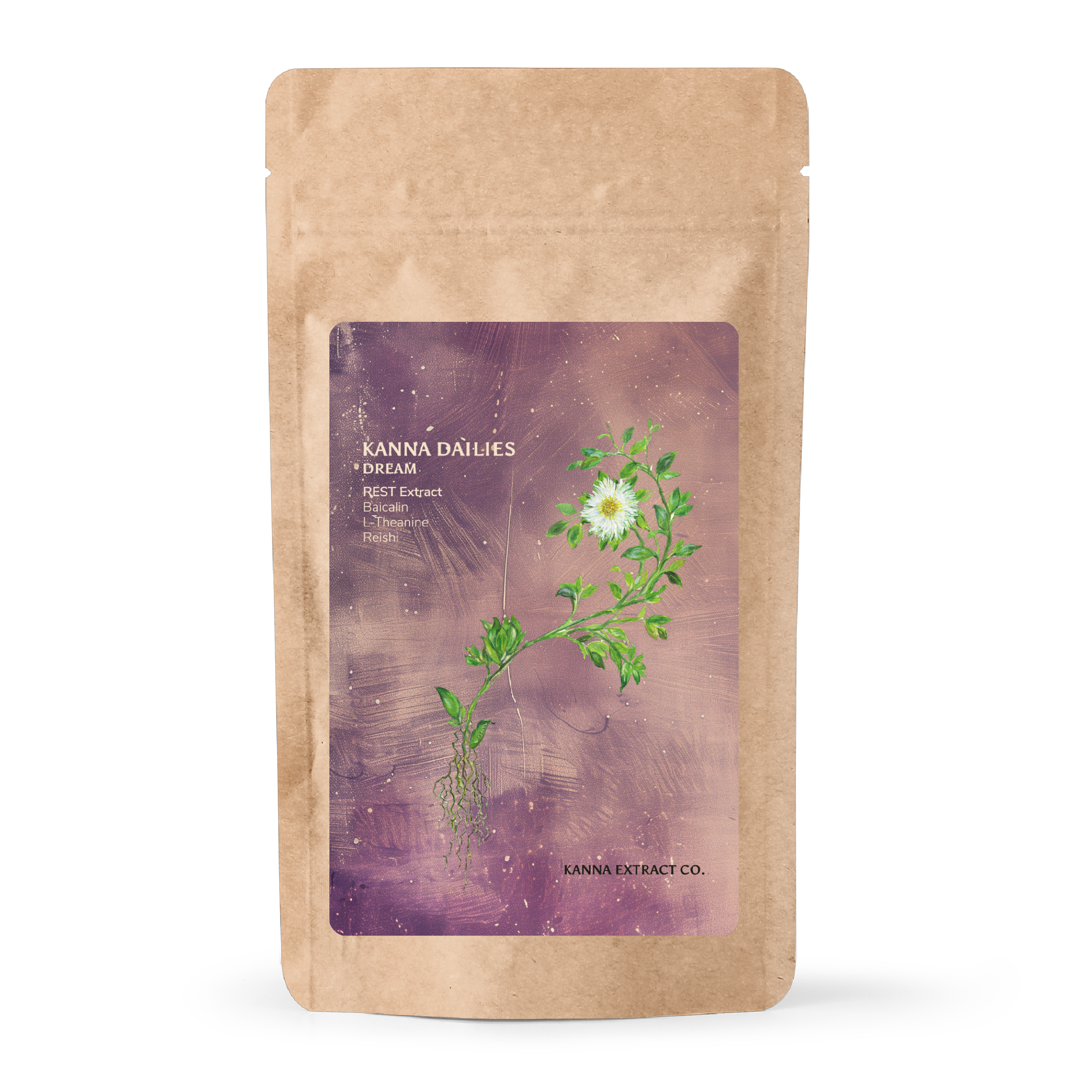 DREAM Kanna Dailies pouch, front, 20 vegan capsules