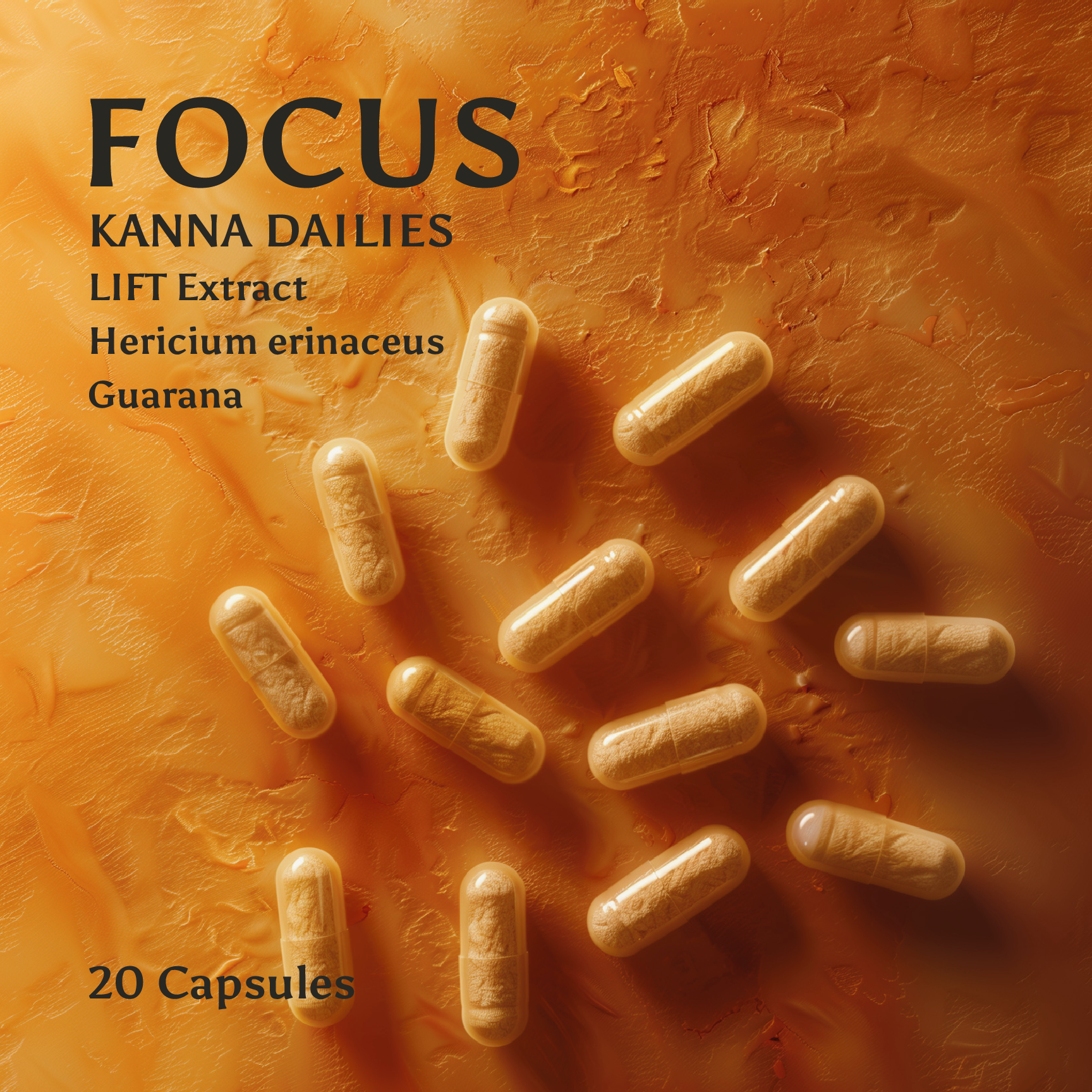 FOCUS Kanna Dailies capsules on a warm orange background, 20 capsules
