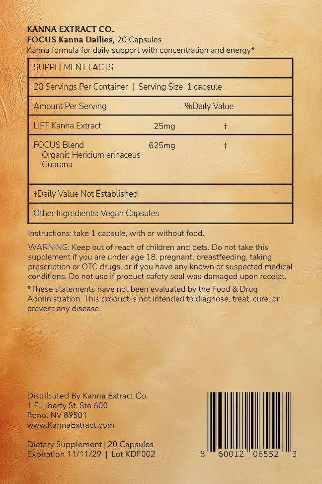 FOCUS Kanna Dailies front label: LIFT kanna extract with Hericium erinaceus and guarana