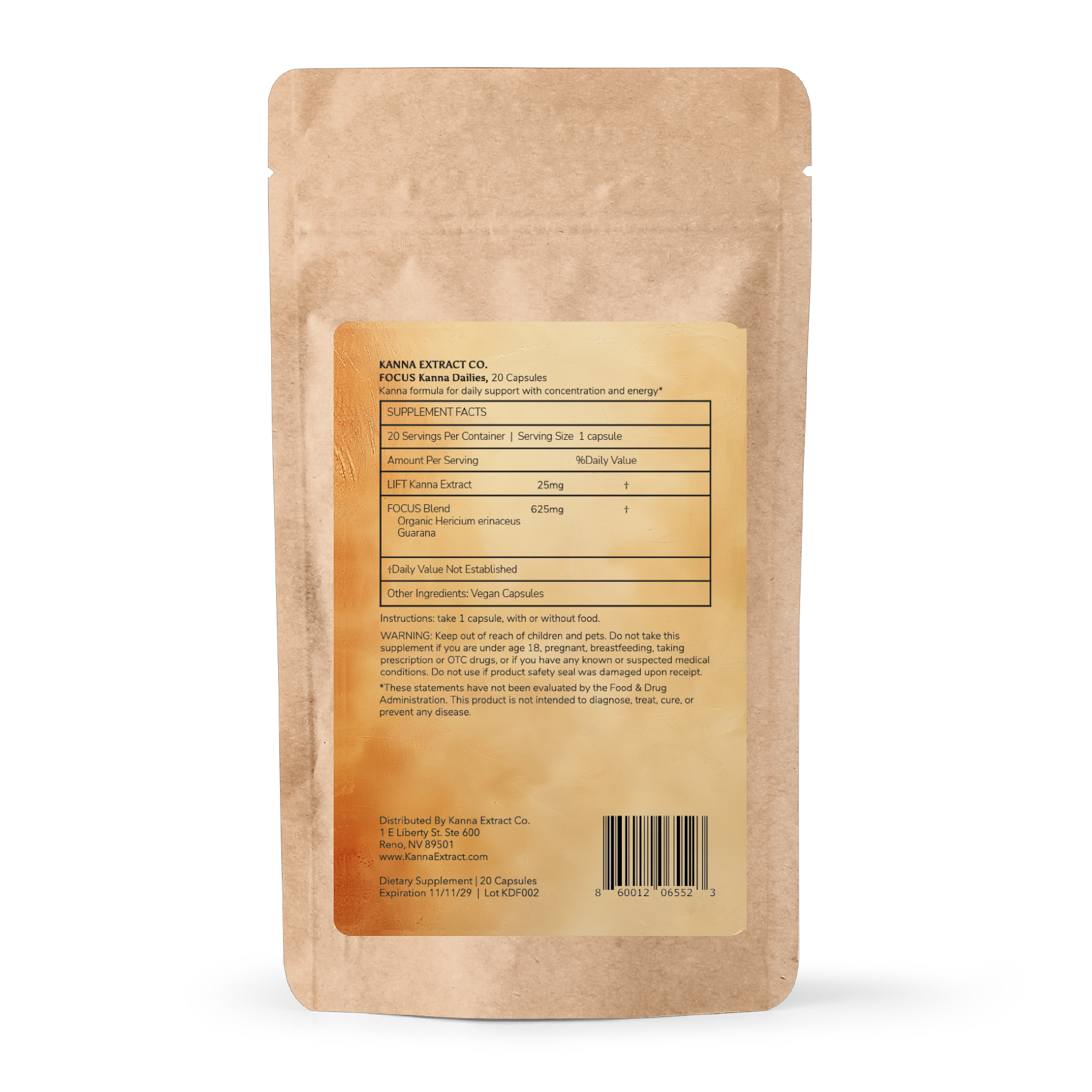 FOCUS Kanna Dailies kraft pouch, back, showing the supplement facts panel