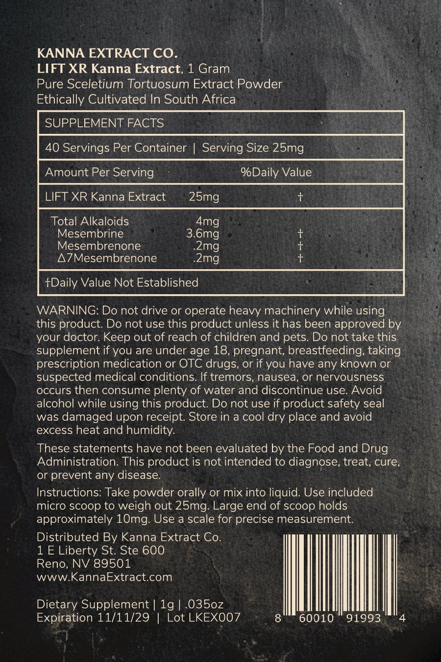 LIFT XR Kanna Extract back label: supplement facts, serving size, and safety warnings