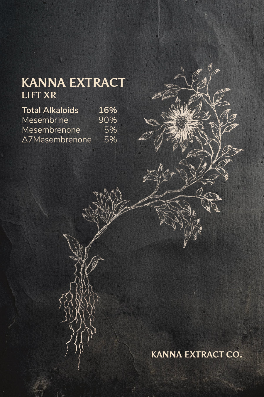 LIFT XR Kanna Extract front label: 16% total alkaloids, 150mg mesembrine per gram
