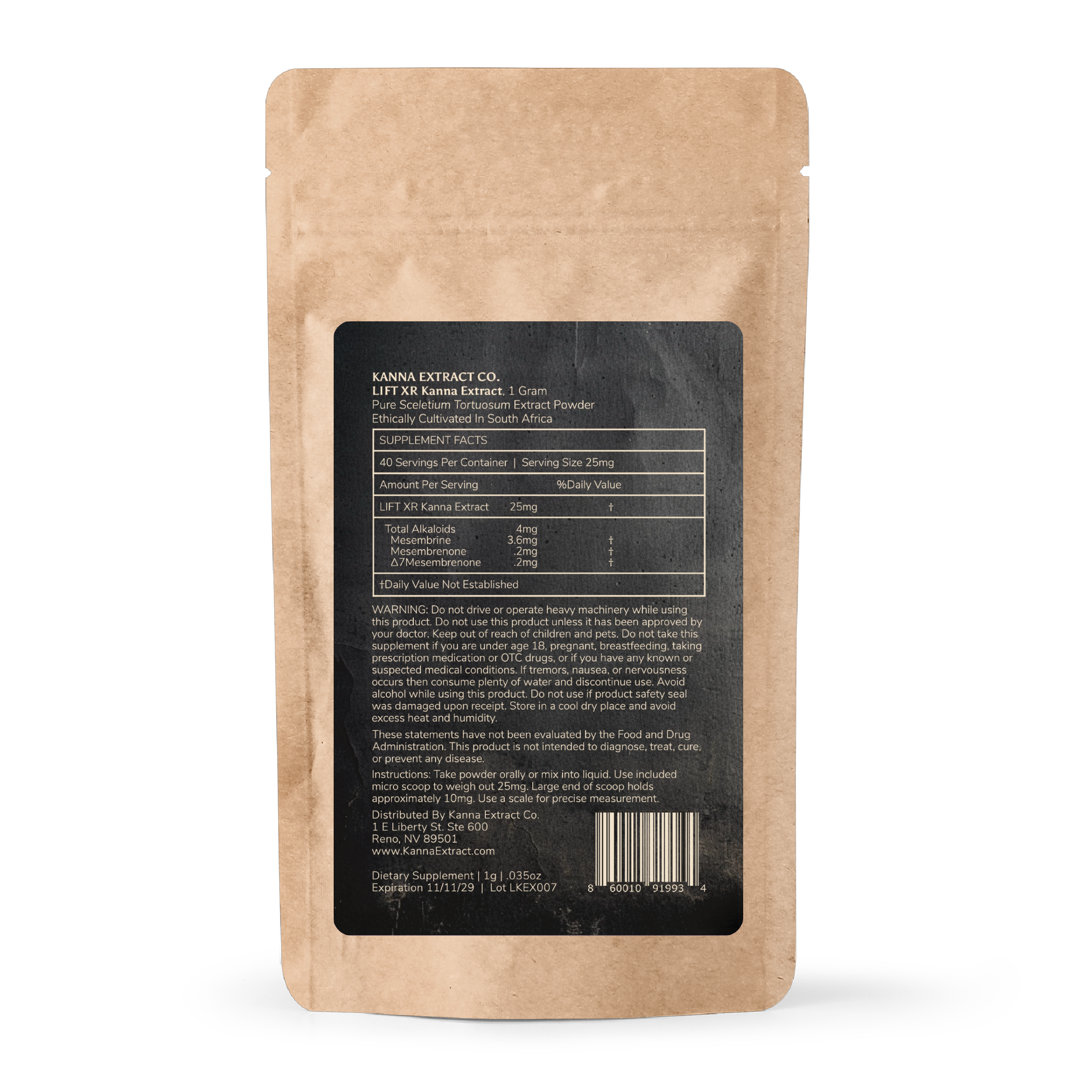 LIFT XR Kanna Extract pouch, back: serving size and alkaloid content per serving