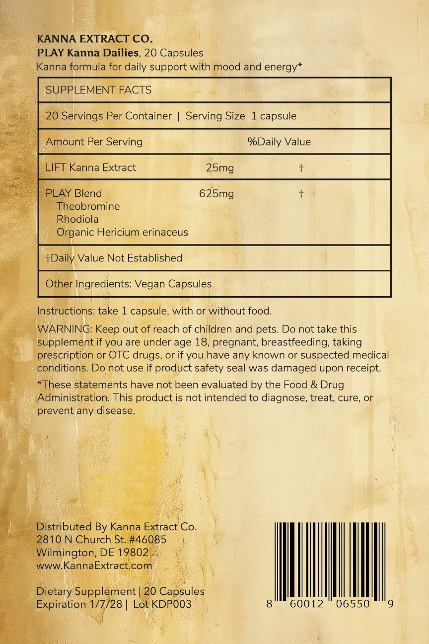 PLAY Kanna Dailies supplement facts: 25mg LIFT kanna extract and a 625mg blend
