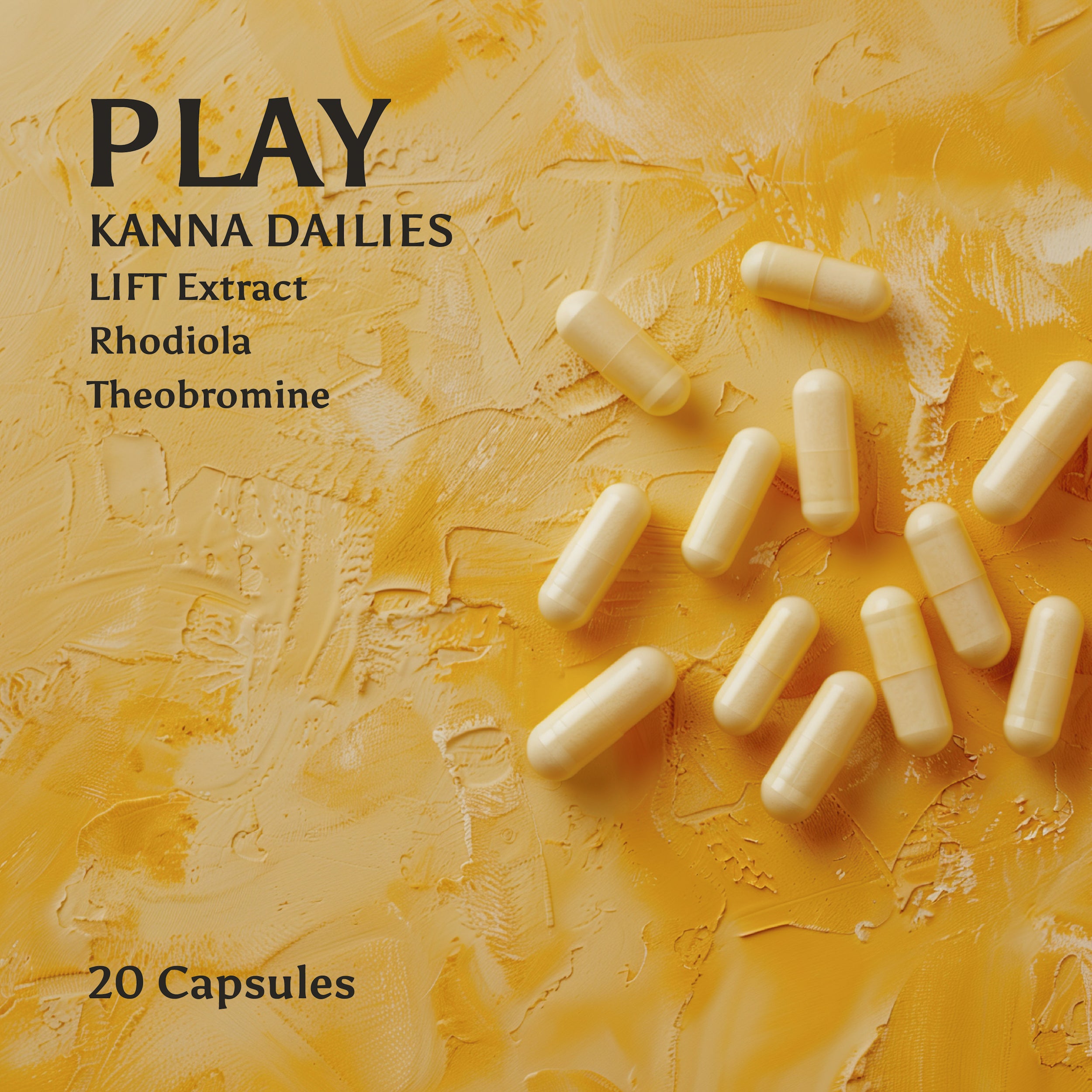 PLAY Kanna Dailies capsules spilled on a warm ochre background