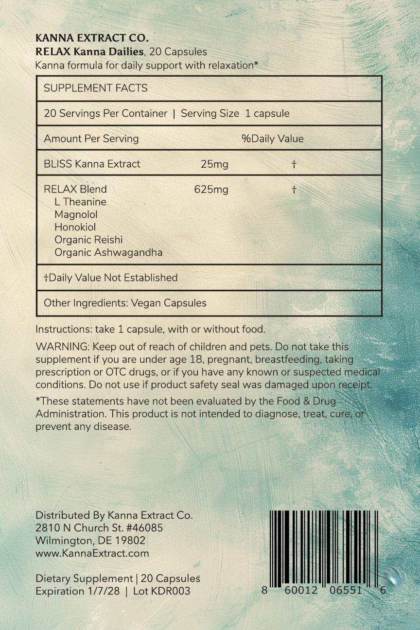 RELAX Kanna Dailies supplement facts: 25mg BLISS kanna extract and a 625mg blend