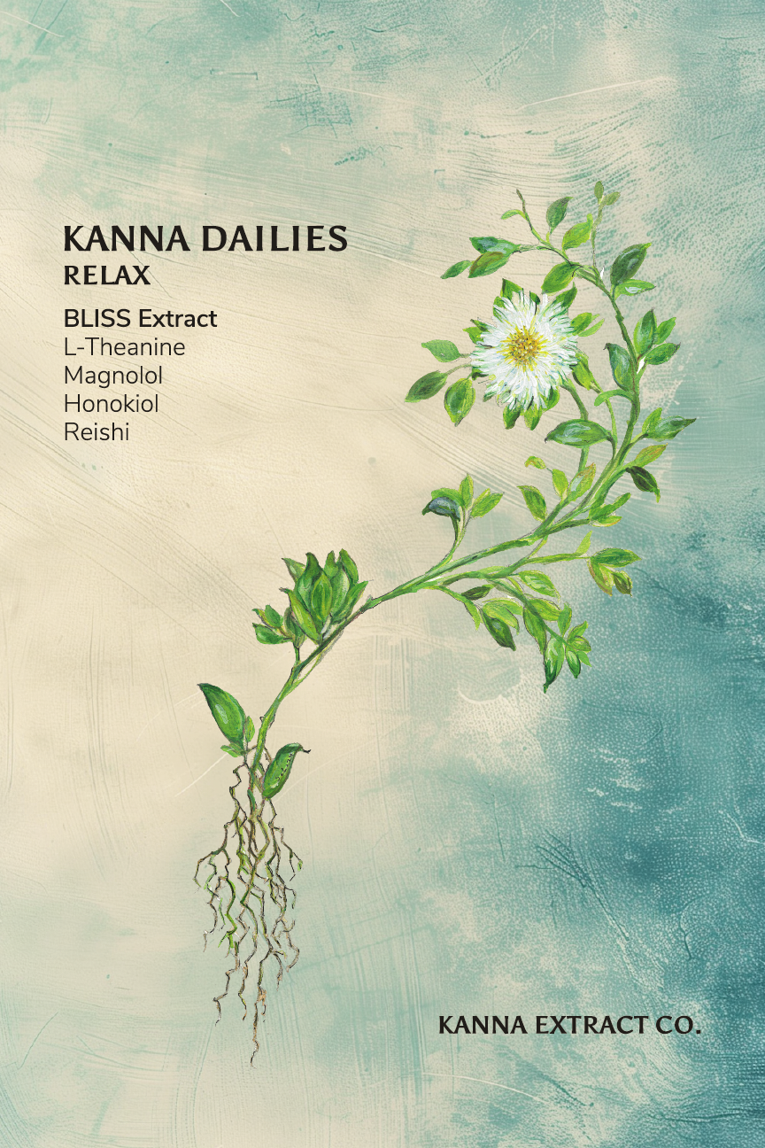 RELAX Kanna Dailies front label: BLISS kanna extract with L-theanine, magnolol and honokiol