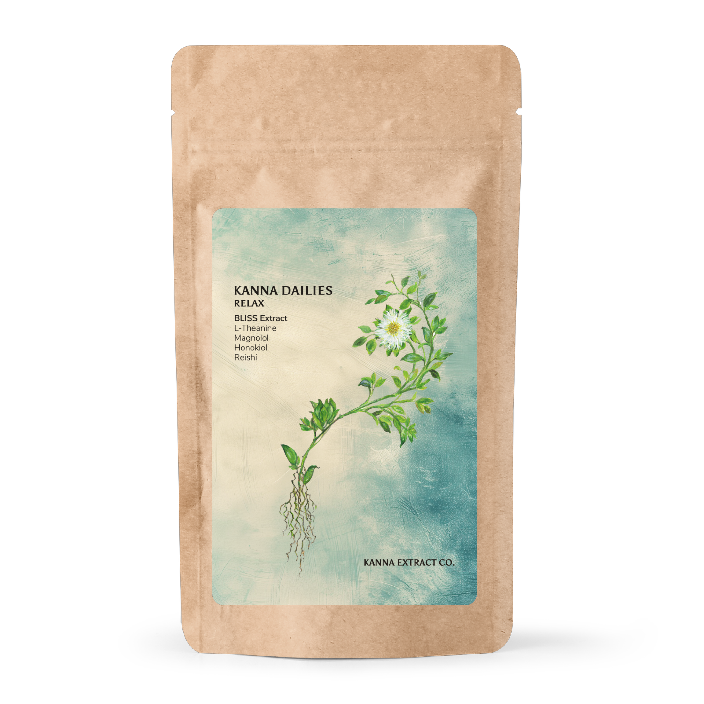RELAX Kanna Dailies pouch, front, 20 vegan capsules